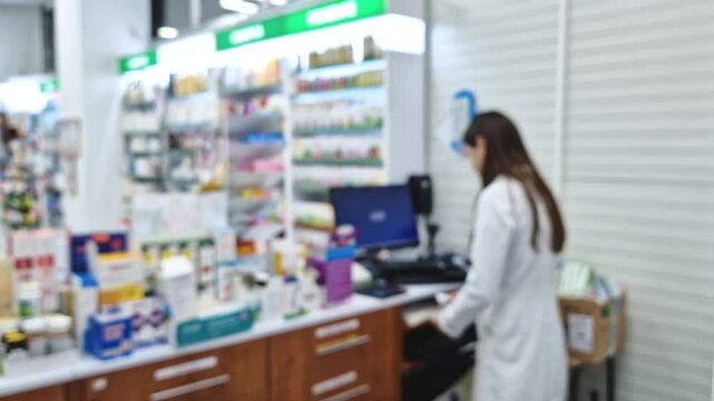 Blurred view inside pharmacy with woman pharmacist at seller counter in front of computer counting checks in the cash register. Professional female in white uniform working in healthcare industry
