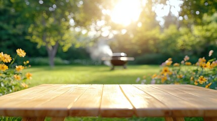 Naklejka premium Surface wooden table with blurred green background in backyard and smoking barbecue grill in nature