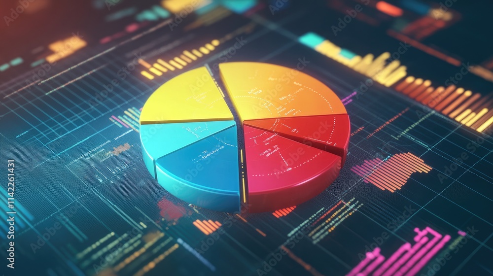 Poster a colorful 3d pie chart floating in space, with animated sections expanding and contracting, set aga