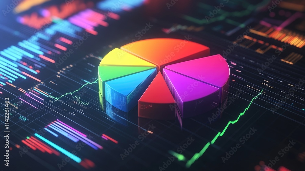 Poster a colorful 3d pie chart floating in space, with animated sections expanding and contracting, set aga