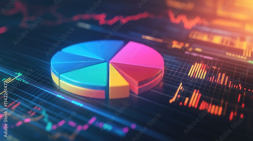 Poster a colorful 3d pie chart floating in space, with animated sections expanding and contracting, set aga