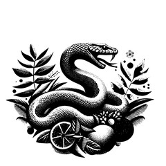 Illustration of snake with fruit and leaf, chinese snake statue