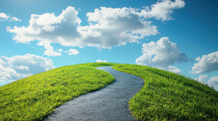 Road stretching into green hill clear sky peaceful viewpoint conceptual imagery