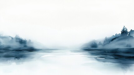 Tranquil water flowing through misty landscape serene river scene minimalist watercolor art calm environment artistic perspective