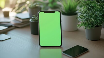 Stationary smartphone with a bright green display on an indoor workspace surrounded by plants