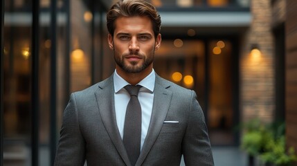 Stylish businessman in elegant suit walking confidently in modern urban setting