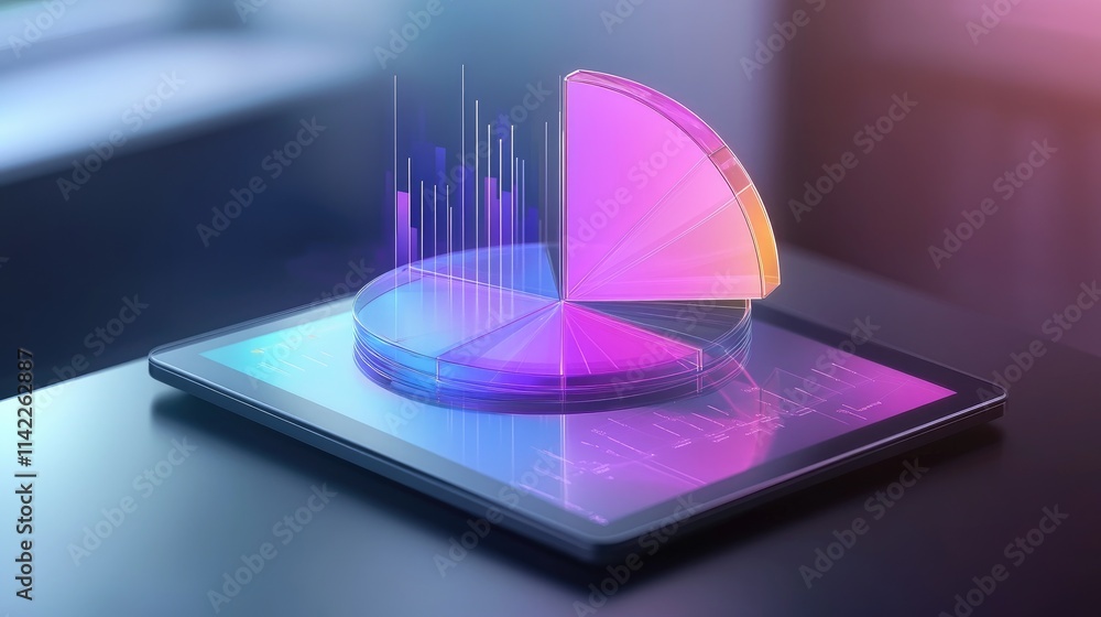 Poster a creative 3d pie chart with transparent glass-like sections, floating above a tablet screen, repres