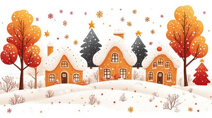 Cozy Winter Village with Snowy Rooftops, Colorful Trees, and a Festive Atmosphere Featuring Snowflakes and Stars in a Whimsical Style
