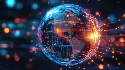 Obraz premium A crystal-clear sphere with embedded digital circuitry glowing and connecting, top view, highlighting advanced global networks, advanced tone, vivid 