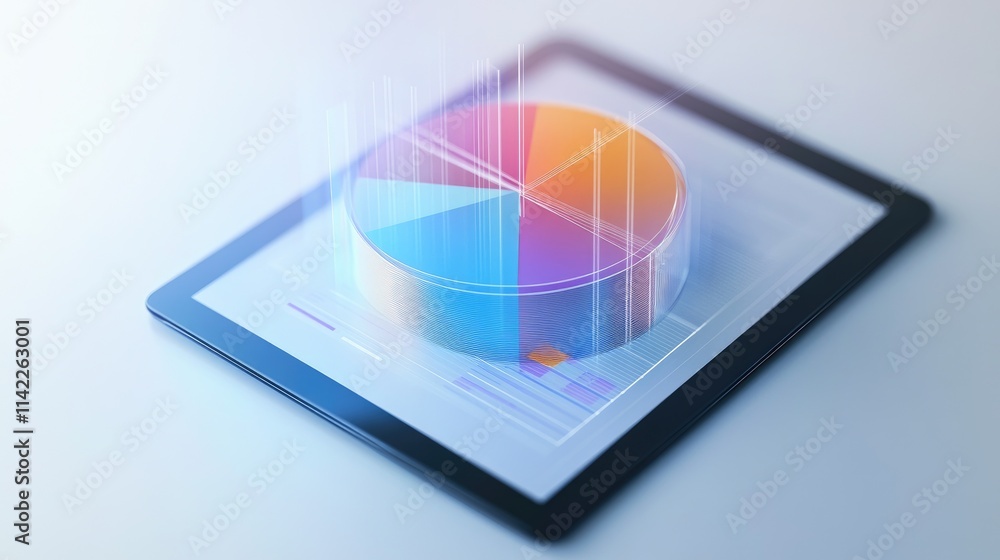 Poster a creative 3d pie chart with transparent glass-like sections, floating above a tablet screen, repres