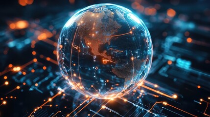 Obraz premium A crystal-clear sphere with embedded digital circuitry glowing and connecting, top view, highlighting advanced global networks, advanced tone, vivid 