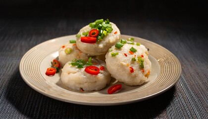 close-up of freshly steamed fish cakes garnished with chopped green onions and red chili peppers on a ceramic plate  

