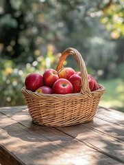 Basket of fresh red apples on a rustic wooden table in a sunlit outdoor setting