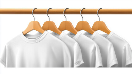 Five white t-shirts neatly hung on wooden hangers against a white background