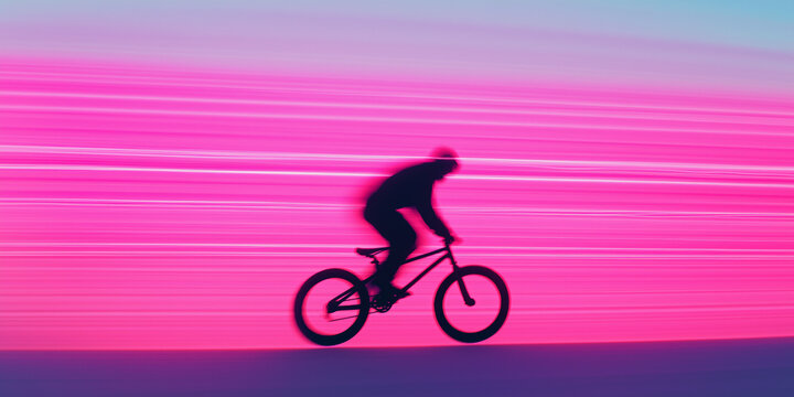 A skilled man rides a BMX bicycle with energy, showcasing impressive movement against a striking pink background. The creative blur adds a sense of motion to the unique composition - Powered by Adobe