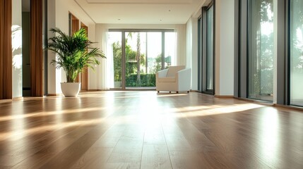 An elegant room bathed in sunlight pouring through a large window, featuring smooth wooden floors and a plush white chair, promoting luxury and relaxation.