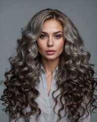 Young woman with long curly hair and natural makeup posing against a gray background