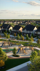 Obraz premium A suburban neighborhood featuring homes and a playground surrounded by greenery.