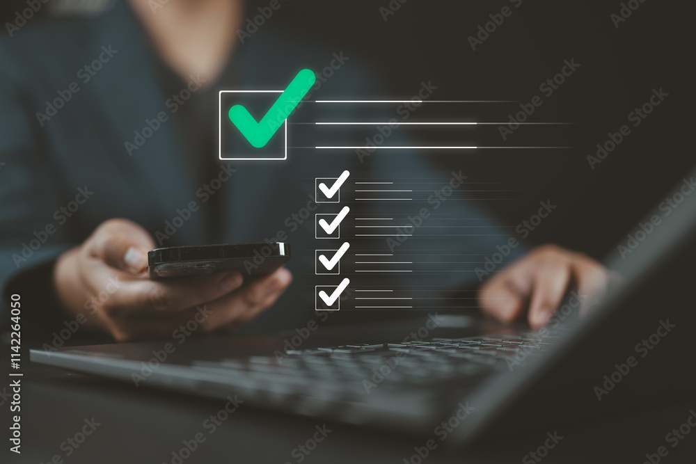 Poster Inspector makes mark on the survey topic, Checklist with checkmarks and checkboxes, checkbox to conduct opinion and quality surveys or satisfaction, checklist ideas, online quality assessment