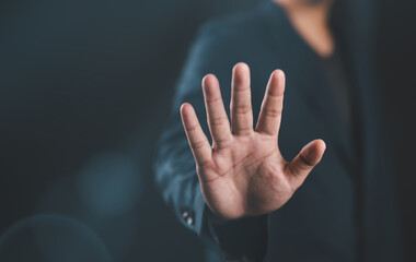 Man hand stop sign, warning concept, refusal, caution, symbolic communication, preventing subsequent problems, Stop Violence, Warning gestures to stop and check safety, Help Prevent Piracy.