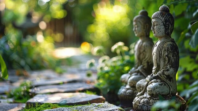 Defocused statues add a touch of whimsy to a garden path.