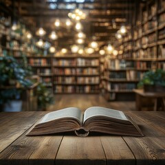 Obraz premium Open Book on a Wooden Table with Blurred Library