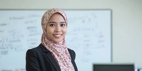 Indonesian female business consultant standing in front of a whiteboard, confidently discussing strategies