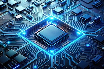 Sci-fi electronics gleam; a high-tech design of glowing microchips in vibrant blue.