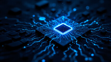 A vibrant blue circuit board featuring a glowing microchip and intricate electric connections.