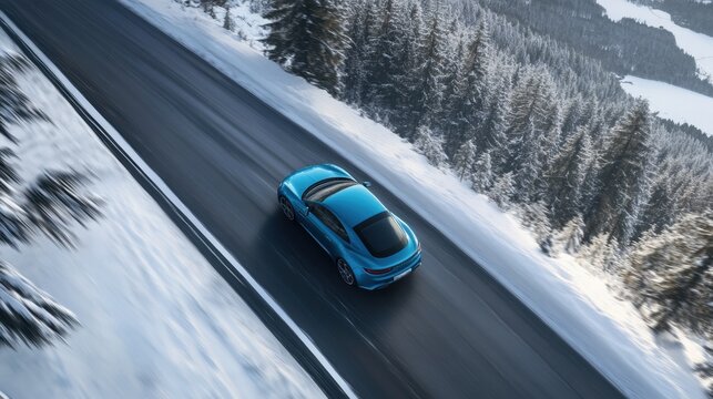 Aerial view of blue car driving on highway in winter