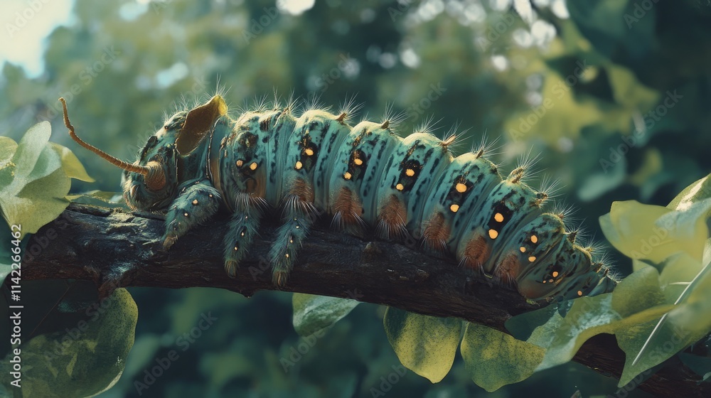 Poster a detailed close-up of a caterpillar resting on a twig, surrounded by green leaves, highlighting its