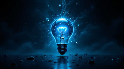 A mesmerizing blue light bulb radiates energy with electric sparks illuminating the dark background.