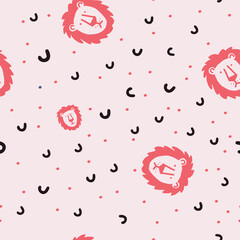 Seamless vector pattern with cute draw fluffy lion, paws. Simple doodle style.	
