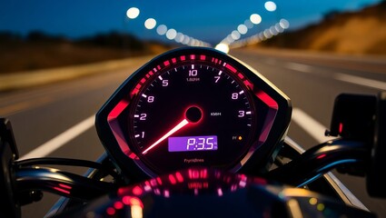 Nighttime motorcycle ride. The speedometer glows red, illuminating the road ahead. A sense of adventure and speed.