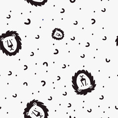 Seamless vector pattern with cute draw fluffy lion, paws. Simple doodle style.	
