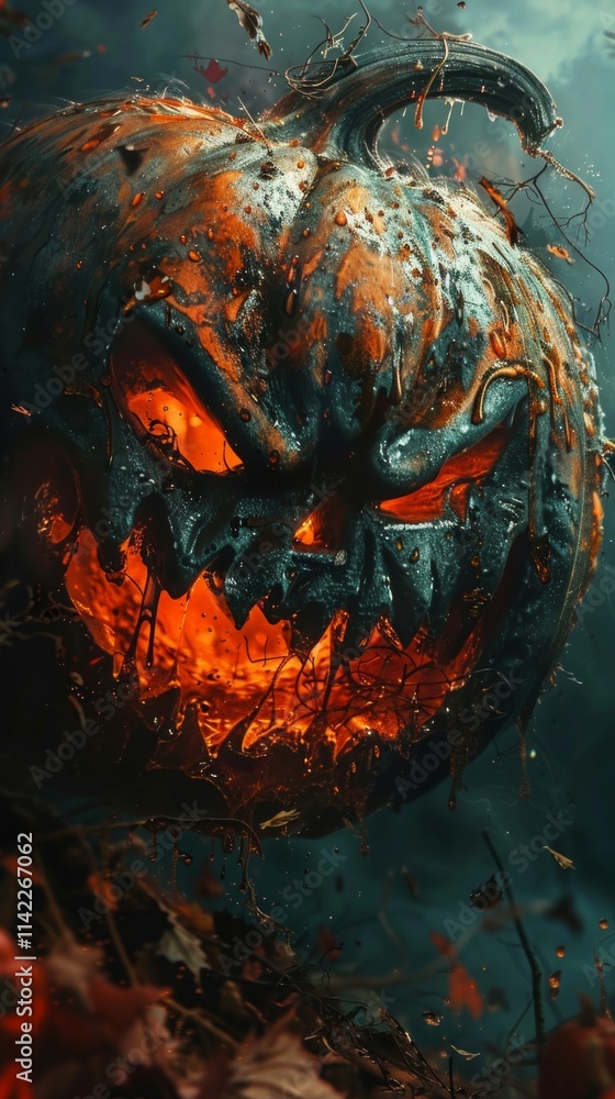 Wall mural A scary pumpkin with a menacing face stands out in a spooky Halloween setting, surrounded by dry grass and tree branches, creating an eerie atmosphere.