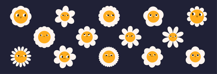 Groovy daisy flowers face collection. Retro chamomile smiles. Happy stickers set from 70s. Vector graphic illustration
