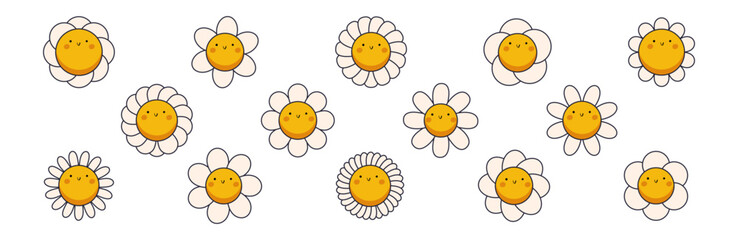Groovy daisy flowers face collection. Retro chamomile smiles. Happy stickers set from 70s. Vector graphic illustration