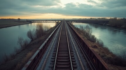 Obraz premium A dramatic shot of a railway bridge crossing over a river, with the tracks extending into the horizon, showcasing engineering marvels surrounded by natural beauty.