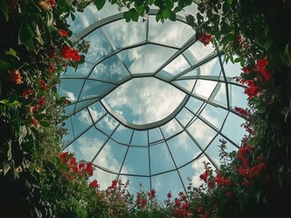 Red flowers bloom beneath a glass dome, showcasing a bright, blue sky.