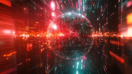 Fototapeta premium A digital grid forming a globe-like structure with light beams representing data flows, top view, emphasizing the digital transformation of the world, robotic tone, Triadic Color Scheme