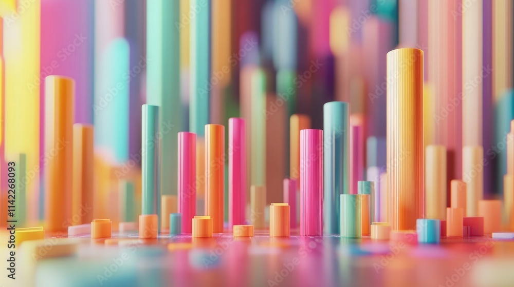 Poster a dynamic 3d bar chart with colorful bars rising from a flat surface, representing financial data tr