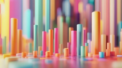 A dynamic 3D bar chart with colorful bars rising from a flat surface, representing financial data trends, set against a modern digital dashboard interface.