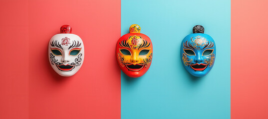 Colorful Chinese opera masks on vibrant backgrounds