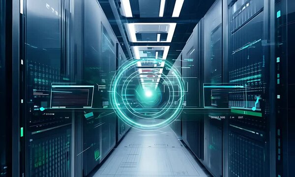 Futuristic Server Room with Glowing Blue and Green Interfaces and Abstract  Circular Patterns