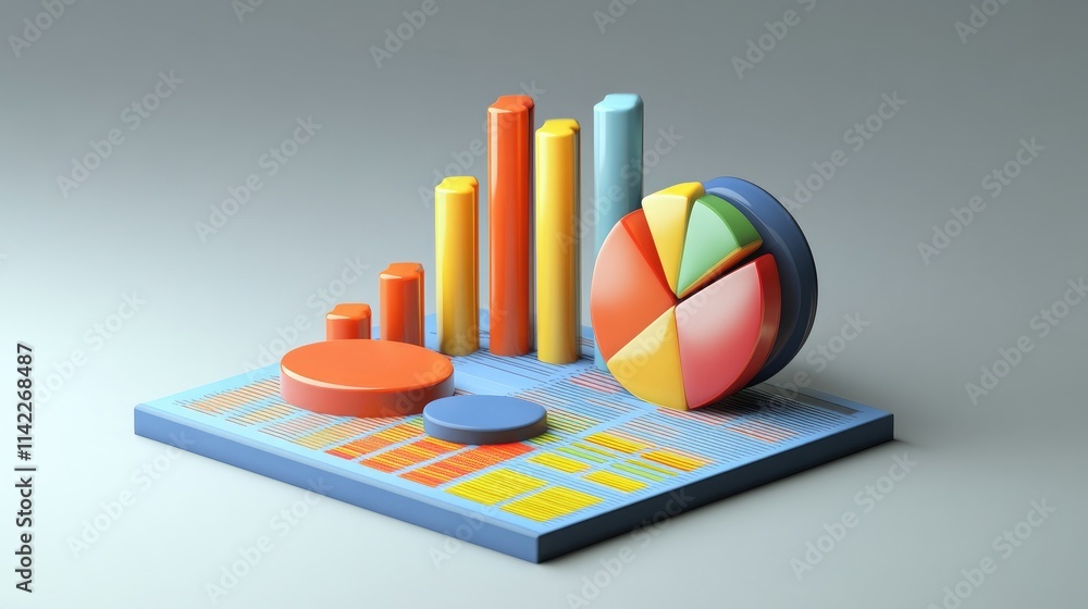 Poster a dynamic 3d financial chart with segmented bars and rotating pie charts, set against a backdrop of 