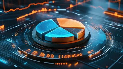 A dynamic 3D pie chart with rotating segments in different shades of blue and orange, set against a futuristic background with glowing data lines and graphs.