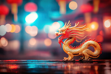 Fototapeta premium Golden dragon figure with vibrant red and gold hues, dynamic background
