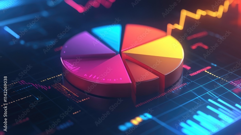 Poster a dynamic 3d pie chart with spinning segments, surrounded by floating data points, symbolizing real-