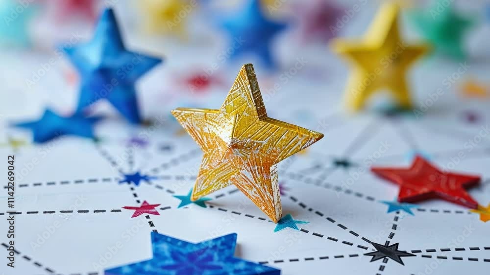 Poster colorful wooden stars arranged on a network diagram illustrate data points and their intricate conne
